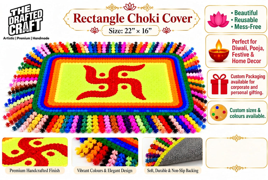 A rectangular choker cover made of colorful plastic garland, featuring a red Swastika symbol in the center, shown on a white background with promotional text and feature icons. The product is labeled as 22 x 16 inches and includes branding for 'The Drafted Craft'.