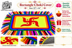 A rectangular choker cover made of colorful plastic garland, featuring a red Swastika symbol in the center, shown on a white background with promotional text and feature icons. The product is labeled as 22 x 16 inches and includes branding for 'The Drafted Craft'.