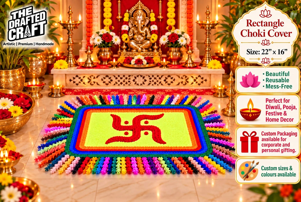 A colorful rectangular Diwali decor cover made from woven flower petals, featuring a red Swastika symbol on a bright yellow-green center, displayed in front of a decorated Hindu altar. The image includes promotional text overlays for 'The Drafted Craft' showing product details, size, and customization options.