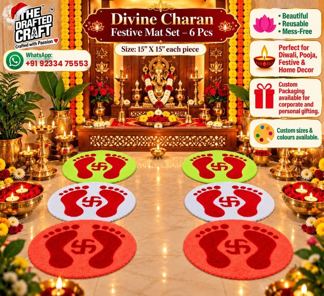 Divine Charan Lakshmi footprint rangoli mat set of 6 – handmade reusable Diwali rangoli by The Drafted Craft