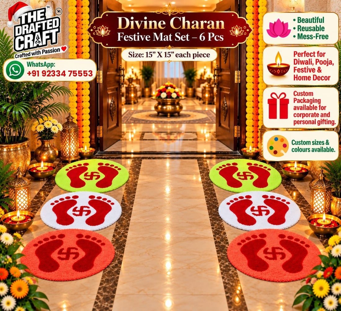Divine Charan Lakshmi footprint rangoli mat set of 6 styled for Diwali and pooja