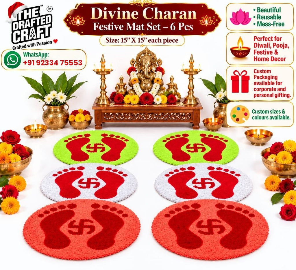 Divine Charan Lakshmi footprint rangoli mat set of 6 in a festive home setting