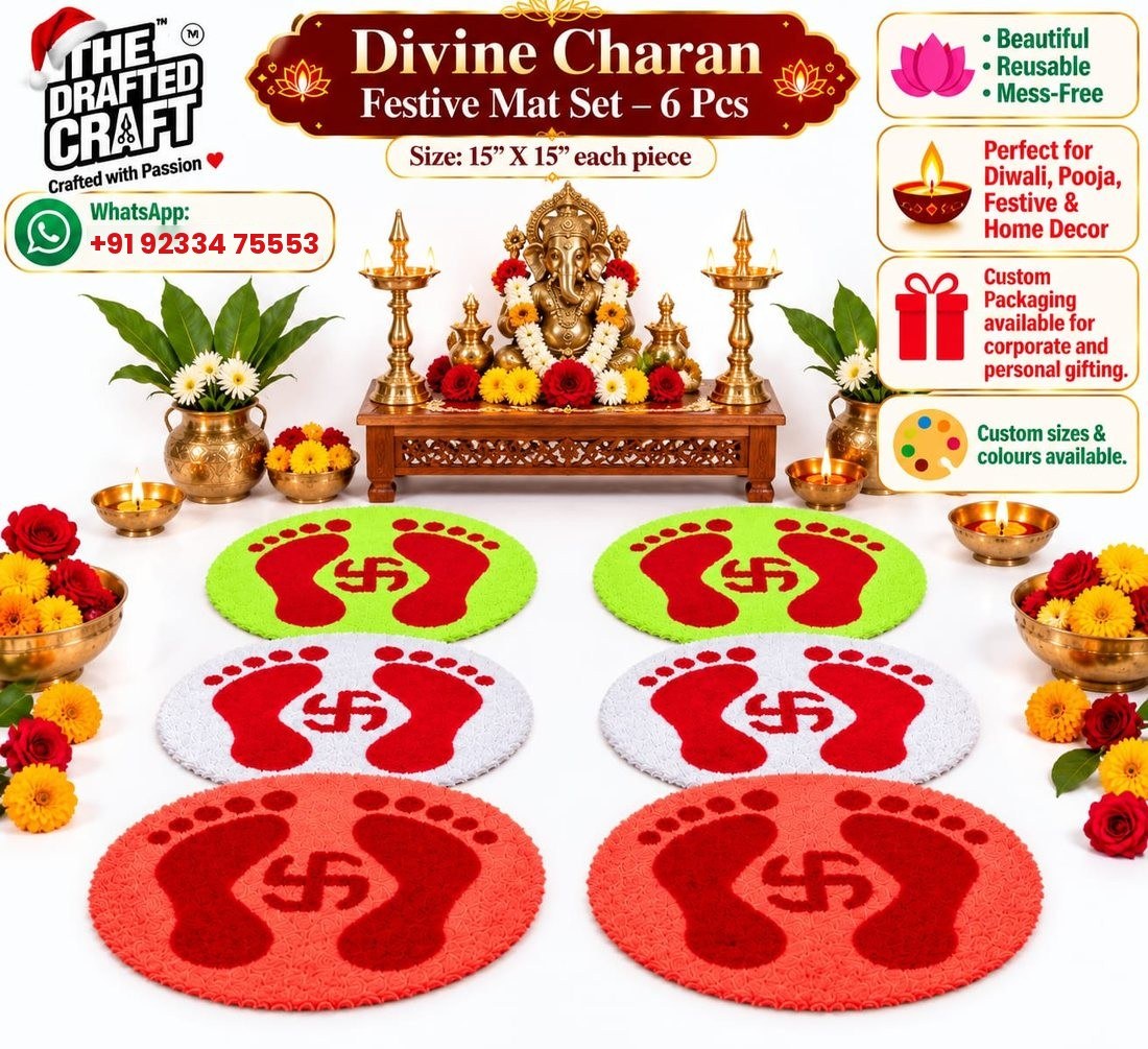 Divine Charan Lakshmi footprint rangoli mat set of 6 in a festive home setting