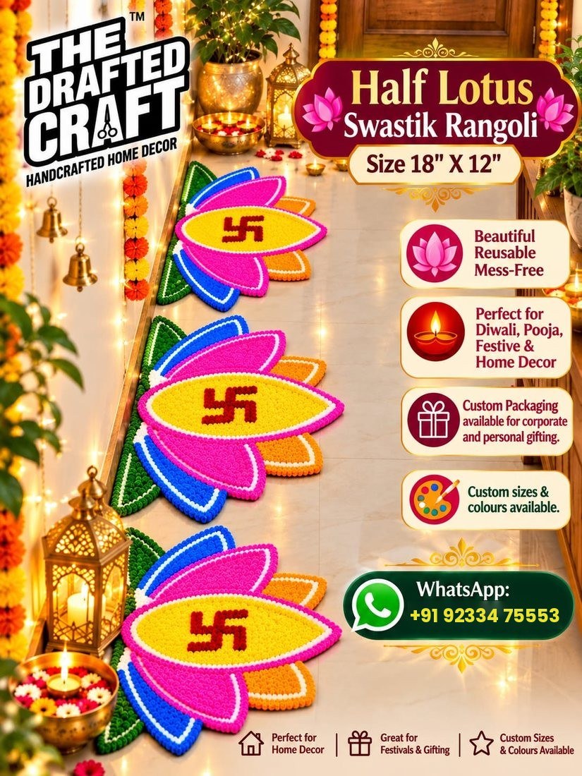 Half lotus swastik rangoli set of 3 – handmade reusable pooja décor by The Drafted Craft