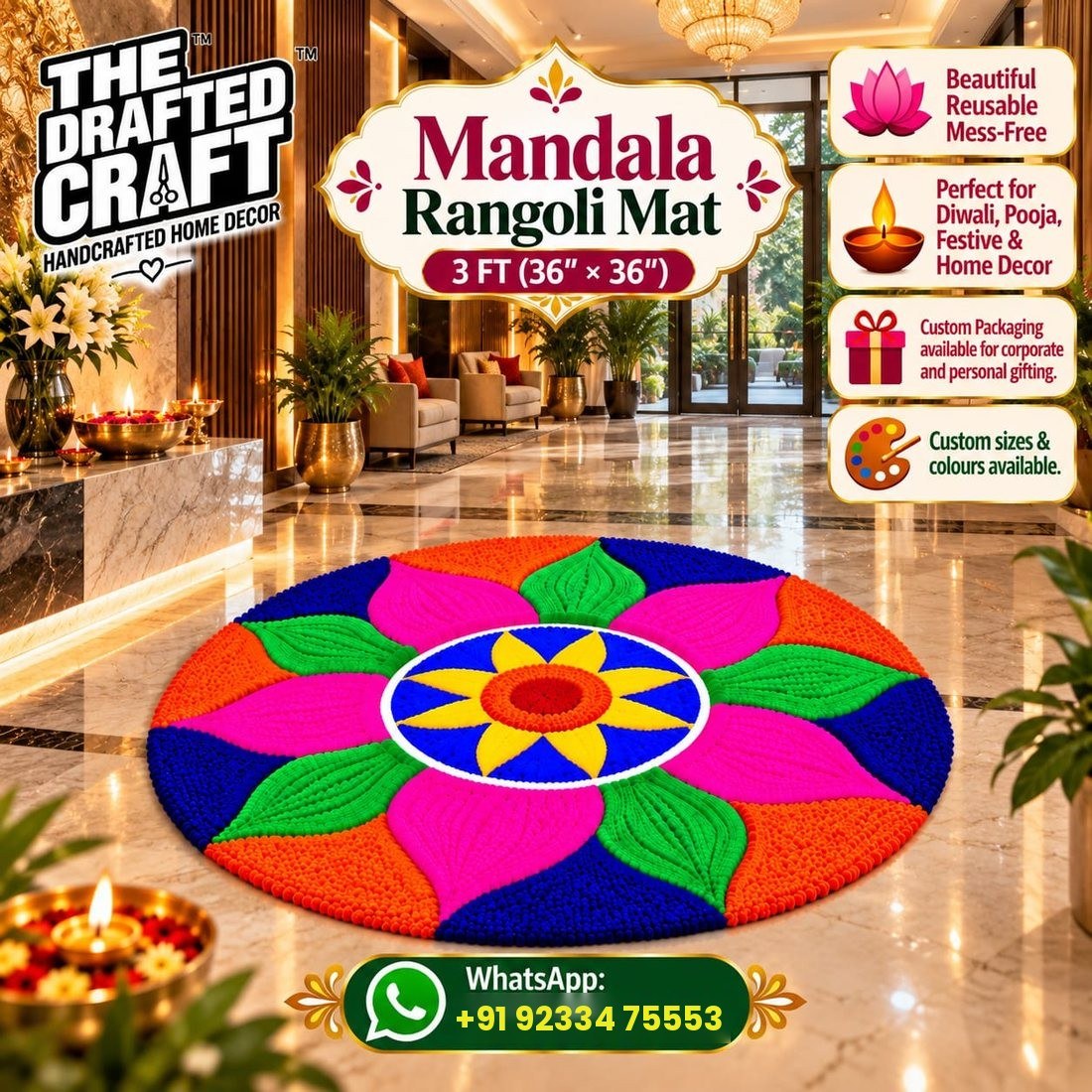 Mandala rangoli mat 3 ft – hand-crafted wool yarn detail