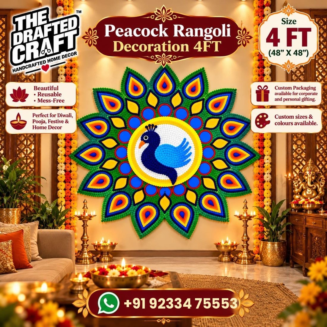 Peacock rangoli mat 4 ft in a festive home setting
