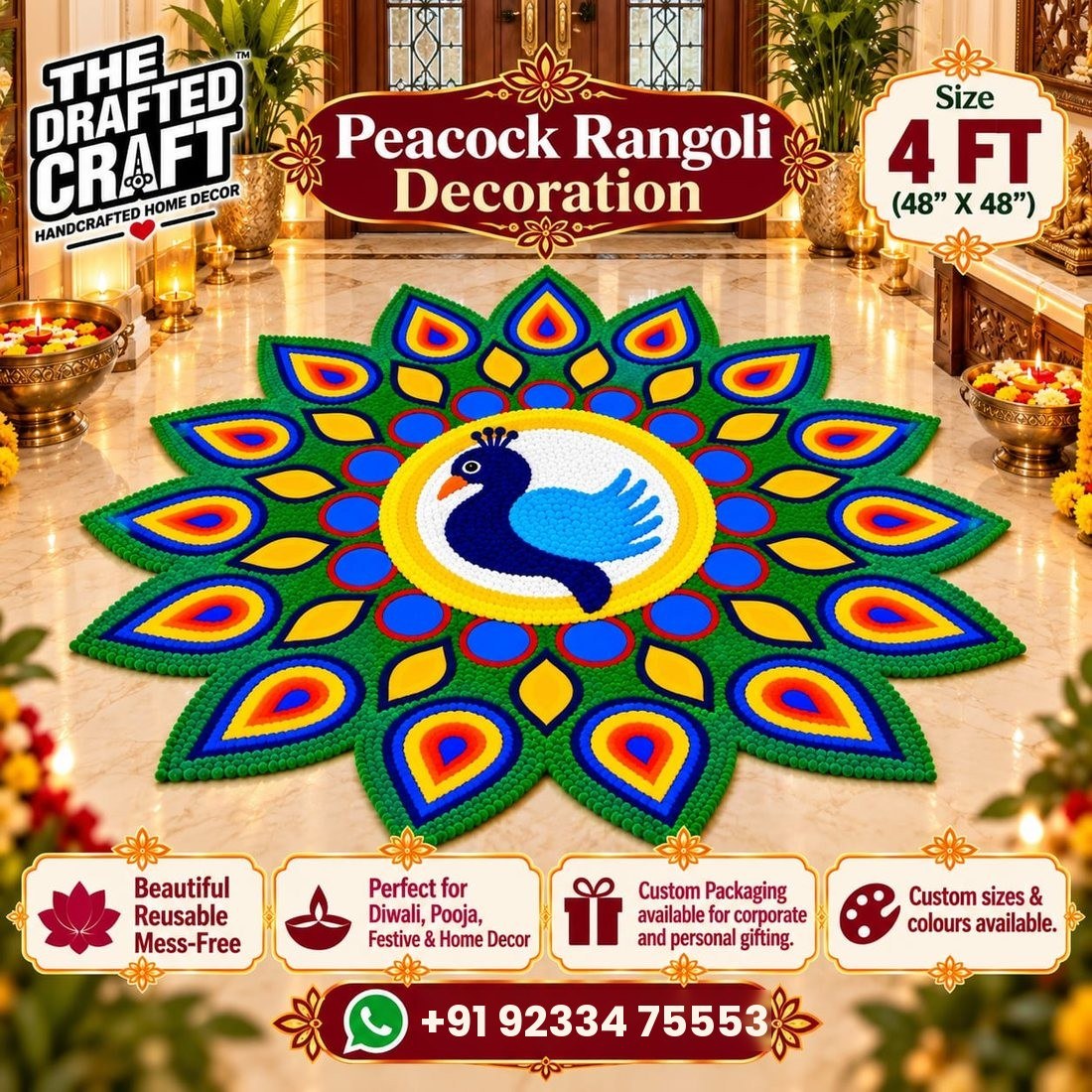 Peacock rangoli mat 4 ft – handmade reusable woollen rangoli by The Drafted Craft