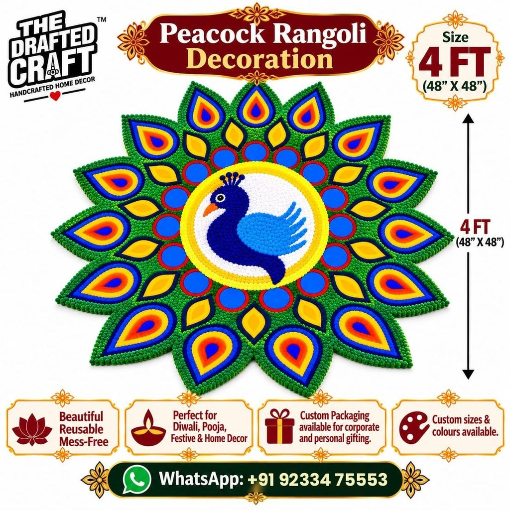 Peacock rangoli mat 4 ft styled for Diwali and pooja