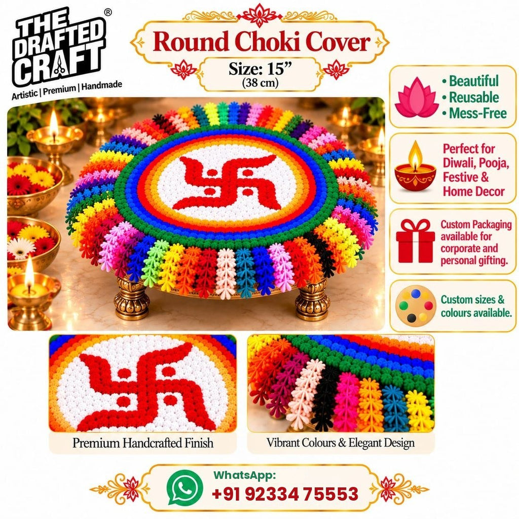 Round swastik chowki cover – handmade reusable pooja décor by The Drafted Craft