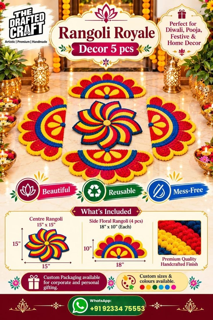 Royale rangoli decor set of 5 – handmade reusable Diwali rangoli by The Drafted Craft