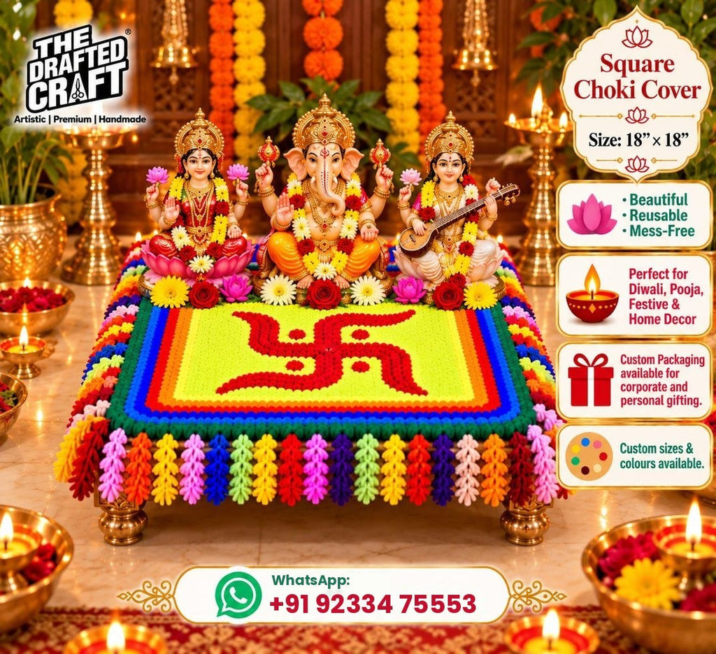 Square swastik chowki cover 18 inch – handmade reusable pooja décor by The Drafted Craft