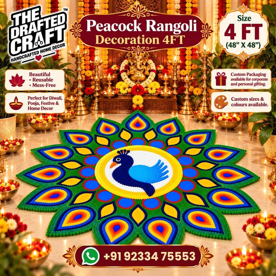 Peacock rangoli mat 4 ft – hand-crafted wool yarn detail